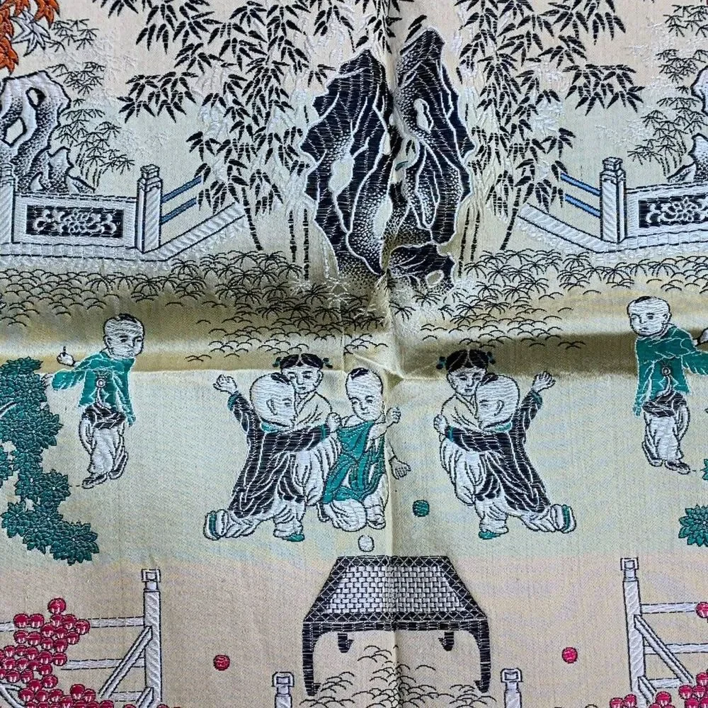 Vintage Asian Oriental Silk Brocade Reverse Image Weave Gold Table 39” X 36”